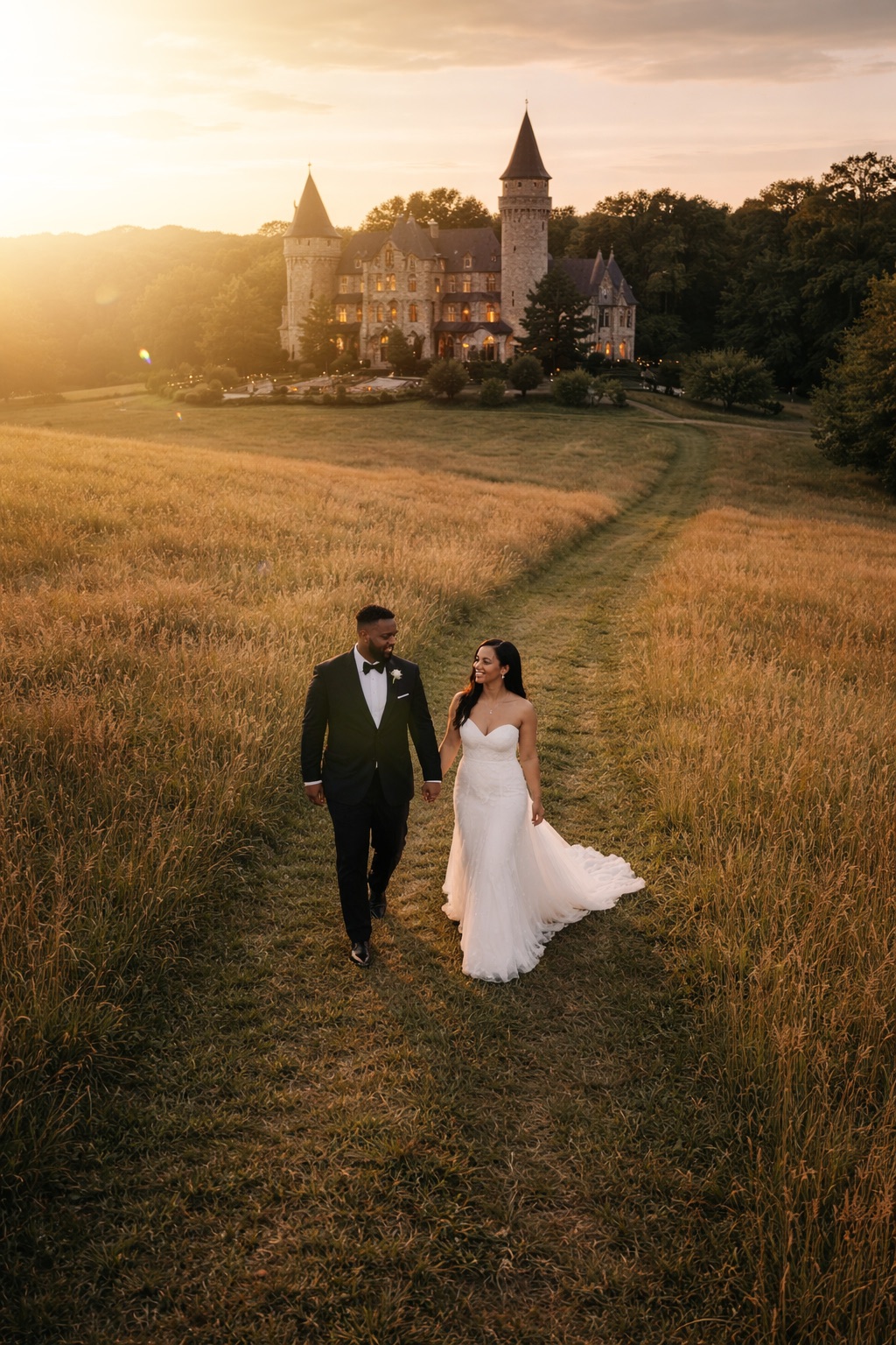 Couple walking a golden field below a chateau at sunset