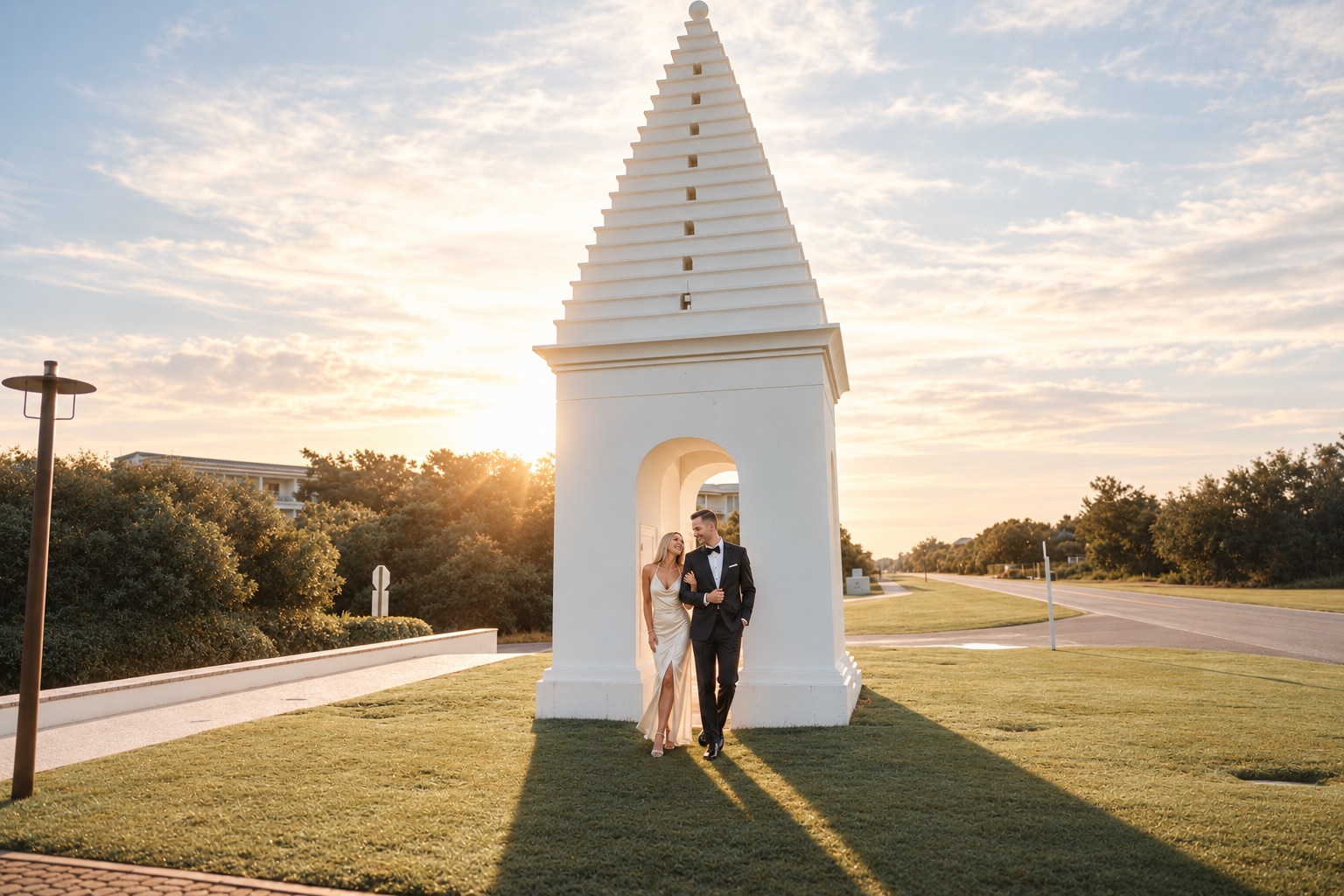 Couple beneath a white coastal chapel at golden hour